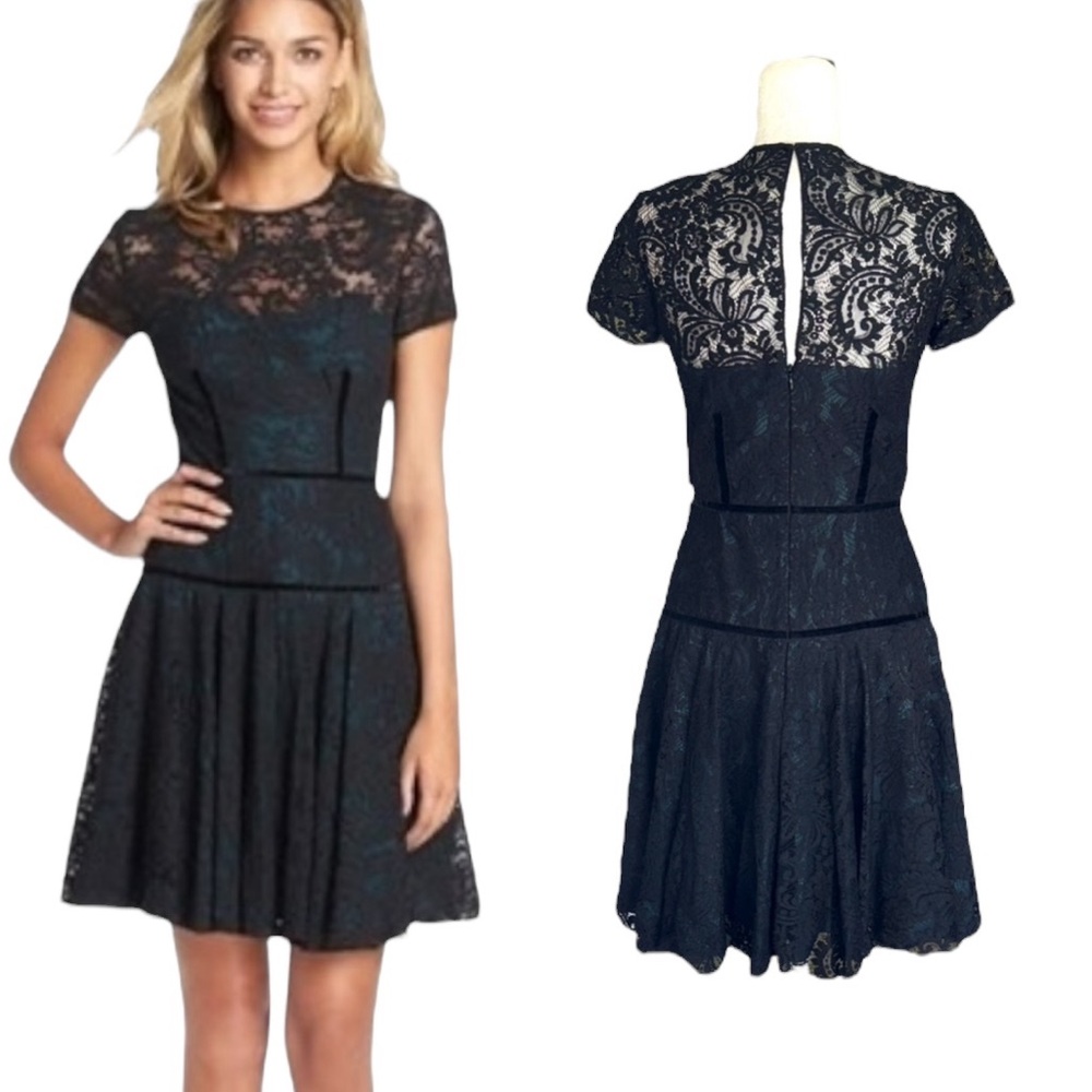 Jill Stuart Black Lace Velvet Green Satin Drop Waist Fit & Flare Mini Dress - 4